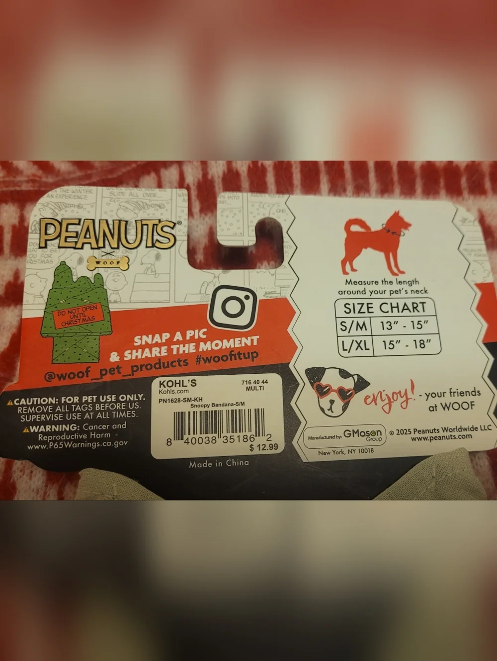 Peanuts, Snoopy Reindeer Run Bandana, Cream And Green